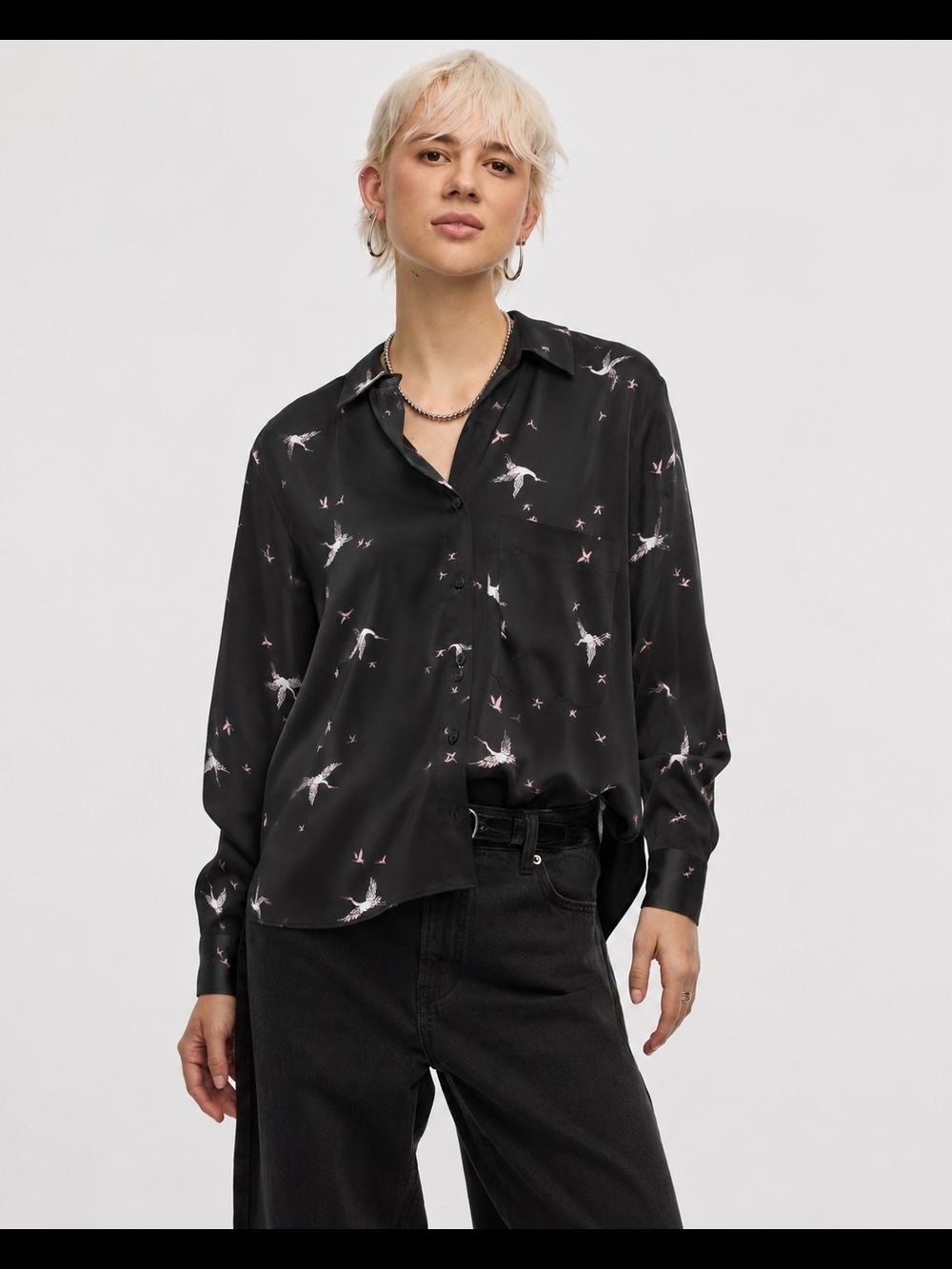 Button Front Silk Blouse With Bird Design | Size Medium